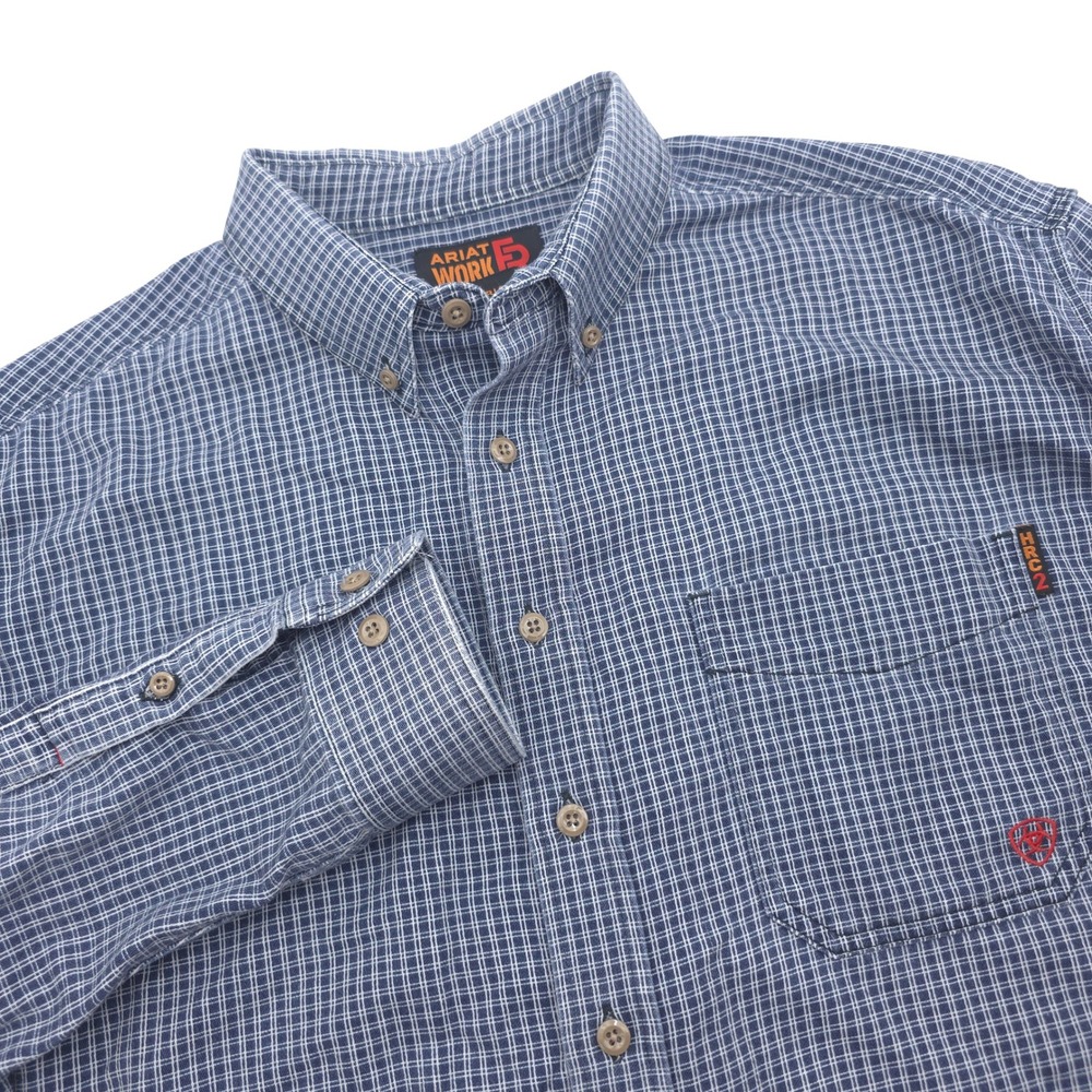 Ariat Work FR Men 2XL Blue Check Flame Resistant Long Sleeve Button Shirt HRC 2